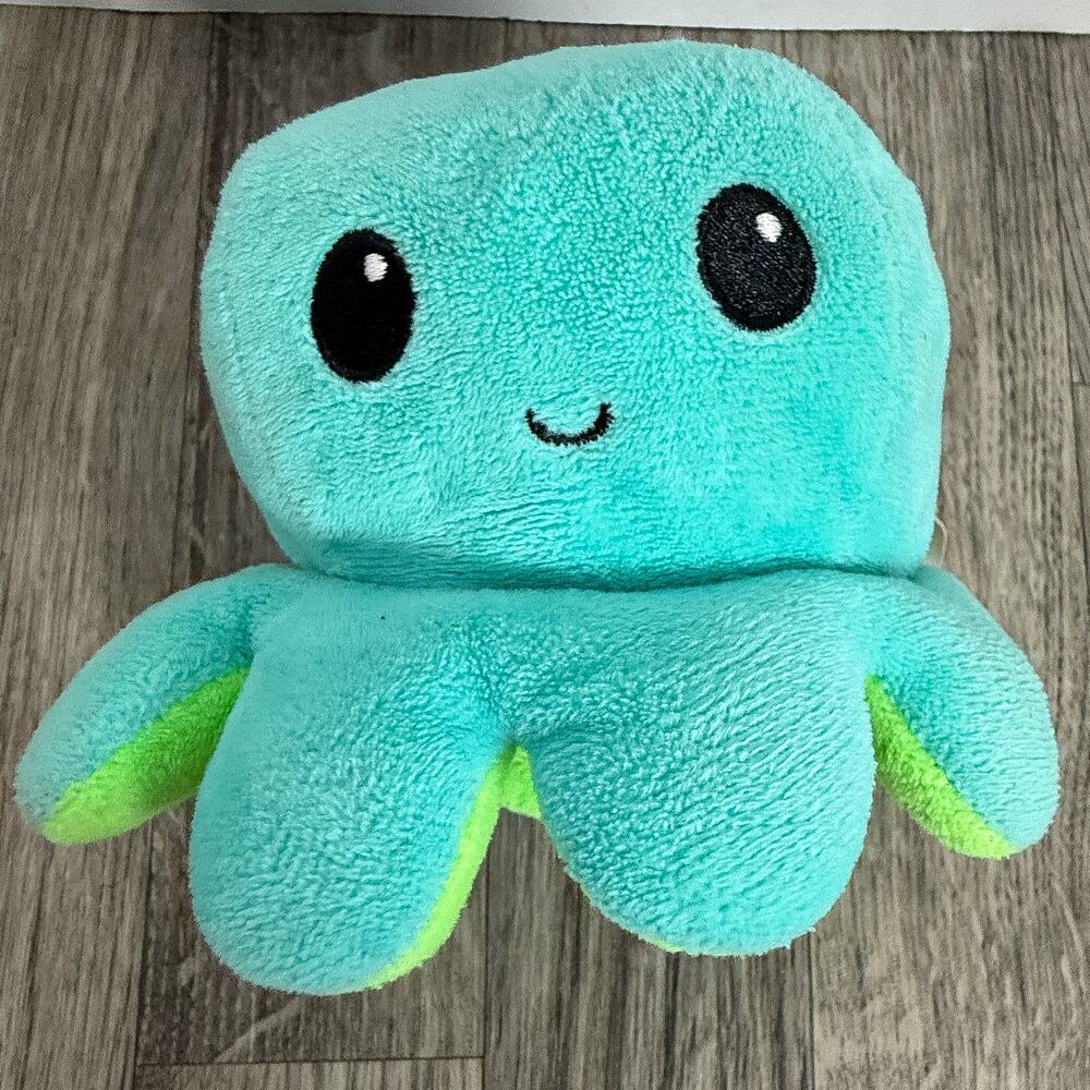 TeeTurtle Reversible Octopus Plush Toy Green Blue Mood Flip Happy Sad Face